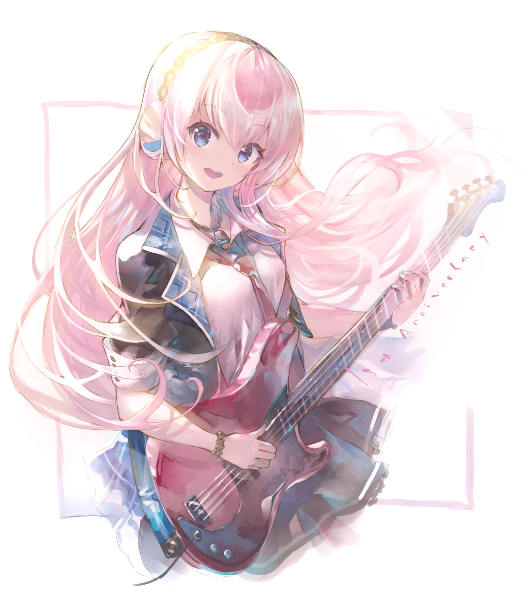 1girl anniversary aqua_nails black_jacket blue_eyes blue_skirt commentary cowboy_shot electric_guitar guitar hairband headphones highres holding holding_instrument instrument jacket kei_(keigarou) long_hair looking_at_viewer megurine_luka miniskirt necktie open_mouth pink_hair project_sekai red_necktie shirt skirt sleeves_rolled_up smile solo very_long_hair vocaloid white_shirt