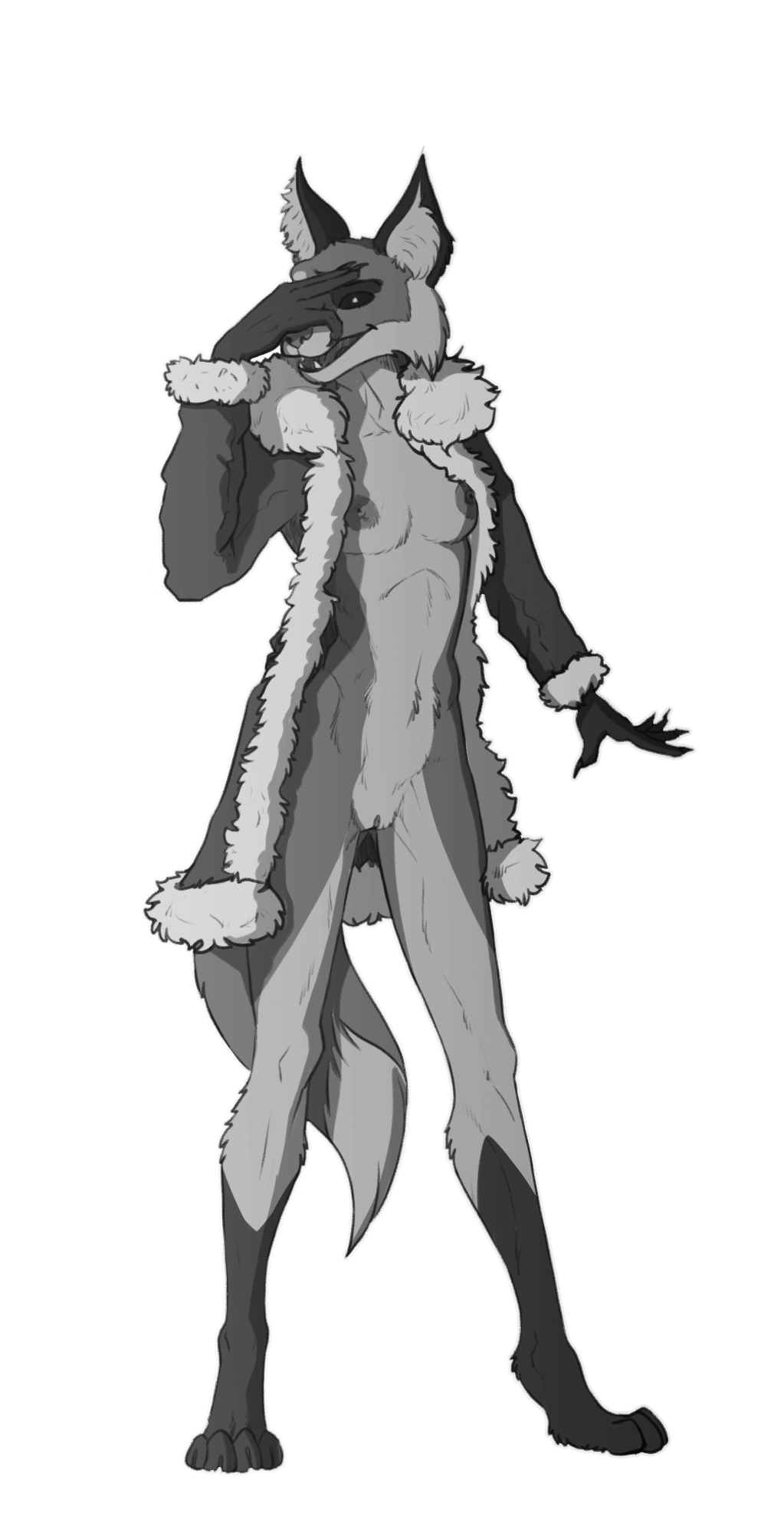 alice_the_vixen alpha_channel anthro black_body black_fur black_sclera breasts canid canine clothed clothing coat female fox fox_tail fur genitals grey_body grey_fur hi_res looking_at_viewer mammal monochrome monster paws pussy simple_background small_breasts solo standing tiny_bunny topwear transparent_background zafara_(artist)