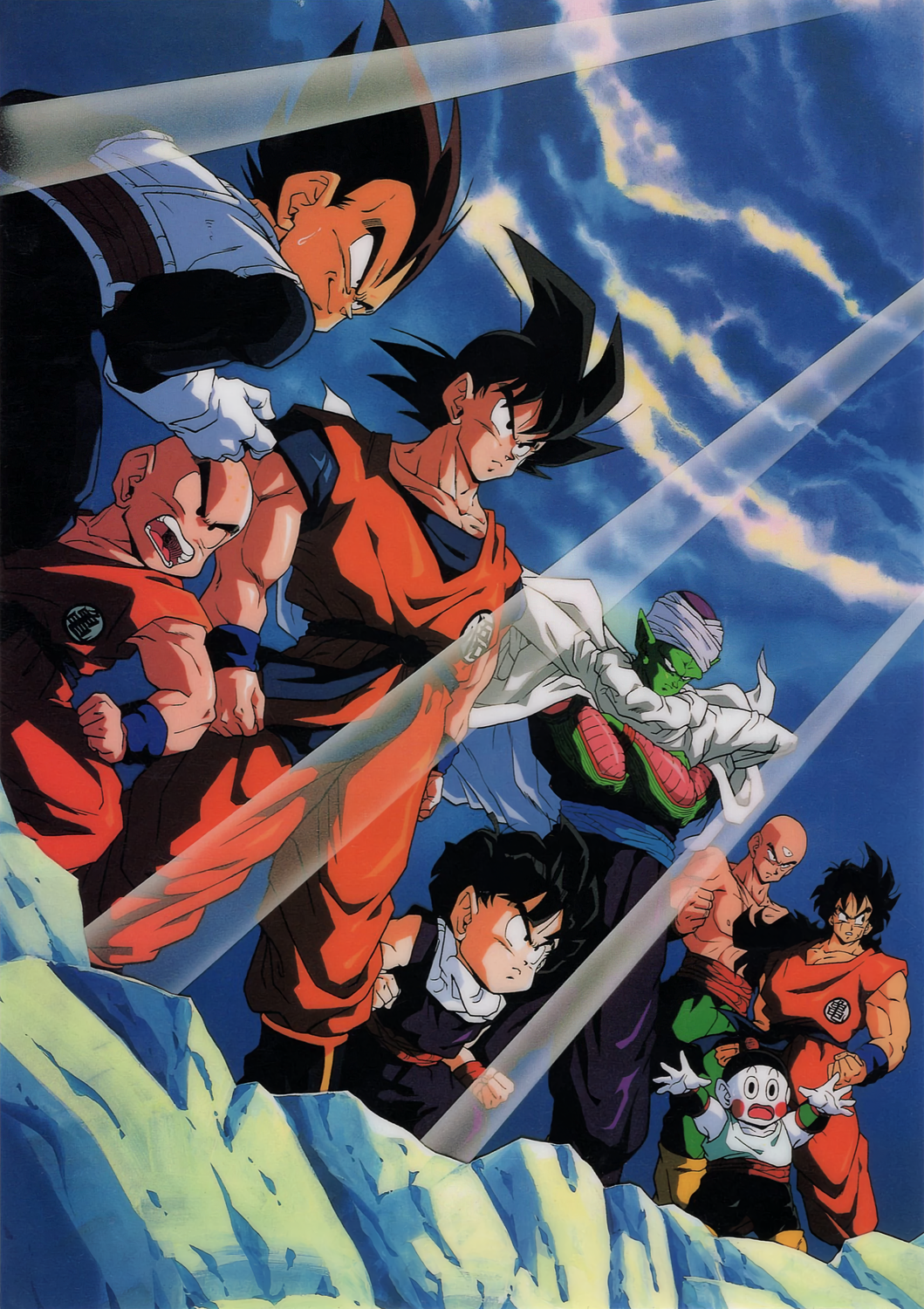 1990s_(style) 6+boys bald black_eyes black_hair cape chaozu colored_skin crossed_arms day dougi dragon_ball dragon_ball_z emblem father_and_son floating_cape gloves green_skin highres kuririn light_rays long_hair male_focus multiple_boys muscular muscular_male namekian non-web_source official_art open_mouth outdoors outstretched_arms piccolo pointy_ears retro_artstyle saiyan saiyan_armor serious short_hair sleeveless smile son_gohan son_goku standing tenshinhan third_eye topless_male turban vegeta white_gloves white_skin widow's_peak wristband yamcha