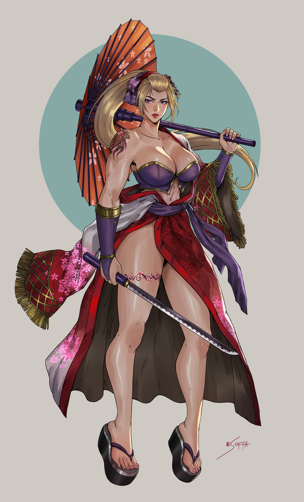 1girl bare_shoulders blonde_hair blue_eyes breasts bridal_gauntlets cleavage closed_mouth hair_ornament high_ponytail highres holding holding_sword holding_umbrella holding_weapon japanese_clothes kimono large_breasts leg_tattoo long_hair navel obi off_shoulder oil-paper_umbrella okobo sash setsuka shoulder_tattoo soffa soulcalibur soulcalibur_iv sword tattoo thighs toes umbrella weapon white_background wide_sleeves