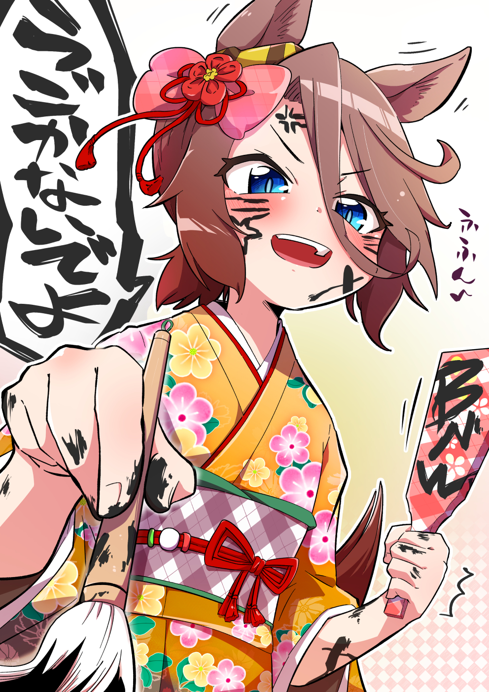 1girl anger_vein animal_ears blue_eyes bob_(you-u-kai) brown_hair calligraphy_brush commentary facepaint floral_print foreshortening furisode hair_between_eyes hair_ornament hanetsuki highres holding holding_brush holding_paddle horse_ears horse_girl ink japanese_clothes kimono long_sleeves looking_at_viewer motion_lines narita_taishin_(umamusume) new_year obi open_mouth orange_kimono paddle paintbrush print_kimono sash smile solo standing translated umamusume wide_sleeves