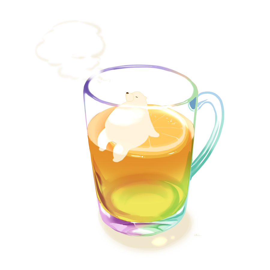 animal animal_focus bear chai closed_eyes colorful commentary drink food fruit glass no_humans orange_(fruit) orange_slice original polar_bear relaxed see-through shadow signature simple_background sitting smoke white_background