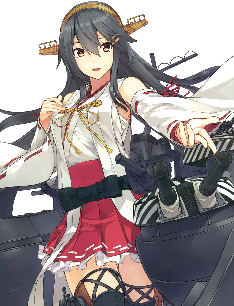 1girl arms_up bangs bare_shoulders black_ribbon breasts camouflage cherry_blossoms cowboy_shot eyebrows_visible_through_hair flower frills grey_hair hair_between_eyes hair_ornament hairclip hand_on_own_chest haruna_(kancolle) haruna_kai_ni_(kancolle) headgear highres kantai_collection konishi_(koconatu) large_breasts long_hair machinery nontraditional_miko official_art open_mouth outstretched_arm red_skirt ribbon sarashi scan ship skirt smile solo thighhighs third-party_source transparent_background turret watercraft yellow_eyes zettai_ryouiki