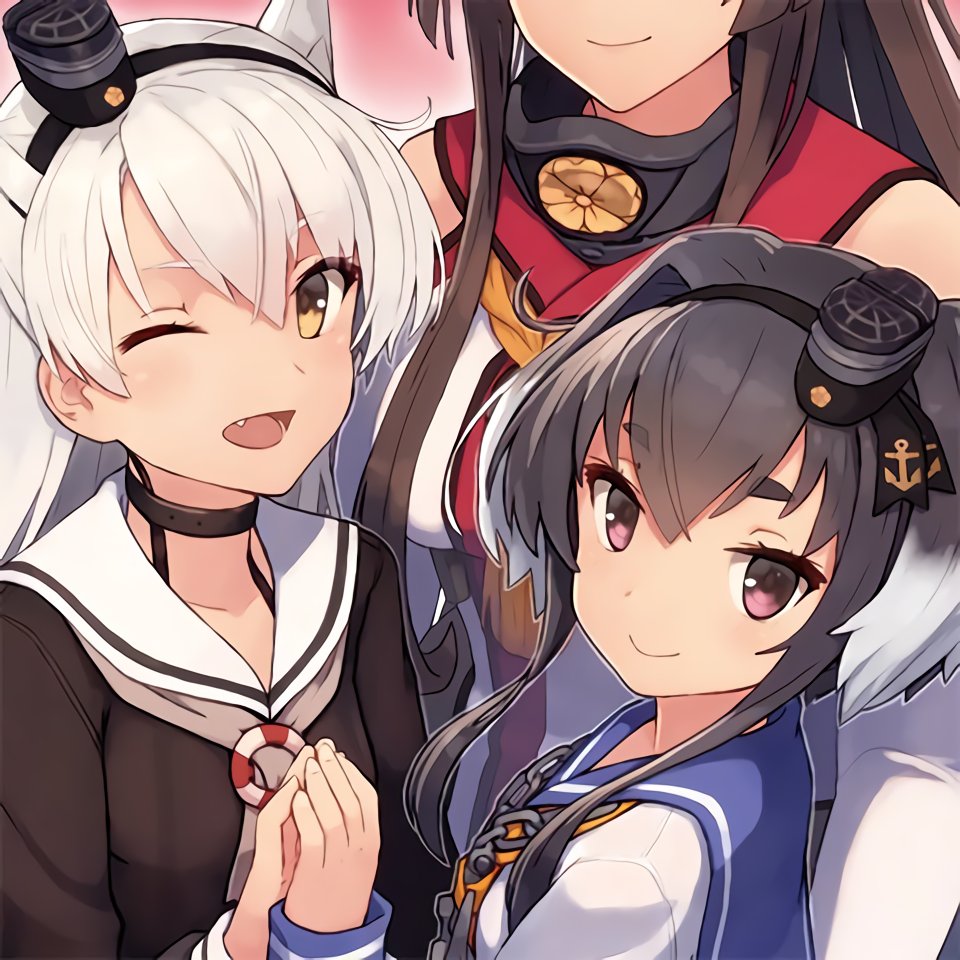 3girls amatsukaze_(kancolle) anchor_symbol bangs black_dress black_hair blue_sailor_collar breasts brown_hair chain dress gradient_hair head_out_of_frame kantai_collection long_hair looking_at_viewer multicolored_hair multiple_girls neckerchief official_art one_eye_closed parted_lips sailor_collar sailor_dress shizuma_yoshinori short_hair_with_long_locks sidelocks simple_background third-party_source tokitsukaze_(kancolle) two_side_up upper_body white_dress white_hair yamato_(kancolle)
