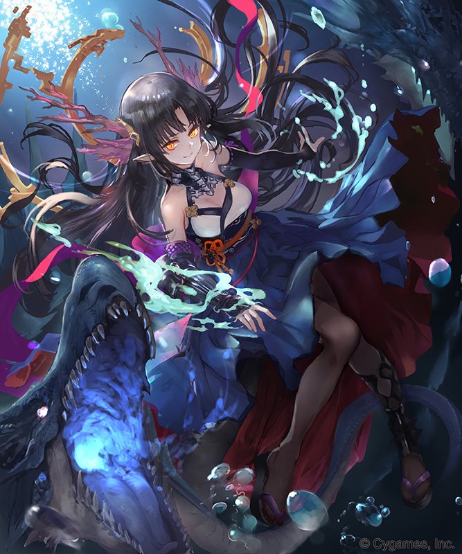 1girl air_bubble black_hair breasts bubble character_request closed_mouth company_name copyright dragon dress igarashi_youhei long_hair medium_breasts official_art orange_eyes pantyhose pointy_ears shadowverse shoes smile solo underwater