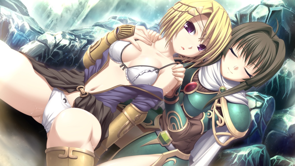 2girls ahoge armor blonde_hair bra breastplate breasts brown_hair brown_shirt cape cleavage closed_eyes clothes_down collarbone dutch_angle faulds game_cg hair_intakes hair_ornament hands_on_another's_shoulder hatozuki_tsumiki ikusa_megami_verita lapis_saurin long_hair lynn_fara-barjiana medium_breasts multiple_girls open_clothes open_shirt outdoors panties purple_eyes purple_shirt shirt short_hair shoulder_armor showgirl_skirt sitting underwear white_bra white_cape white_panties