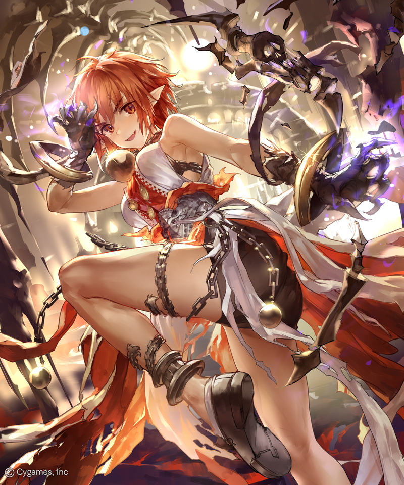 1girl anklet bra bra_peek breasts chain character_request clawed_gauntlets fang fighting_stance jewelry knee_up liiko looking_at_viewer medium_breasts official_art open_mouth orange_eyes orange_hair shadowverse shoes short_hair shorts solo underwear