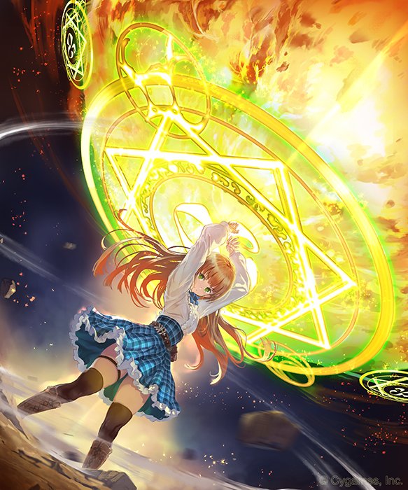 1girl blonde_hair breasts casting_spell company_name copyright debris fire flame floating_hair frills green_eyes igarashi_youhei magic magic_circle official_art shadowverse shirt skirt solo standing thigh_strap thighhighs