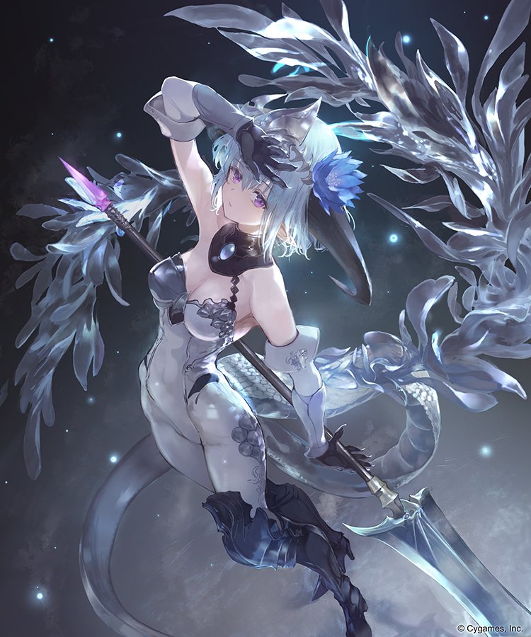 1girl armored_boots blue_hair bodysuit boots breasts closed_mouth detached_collar dragon_horns dragon_tail flower hair_flower hair_ornament headpiece holding holding_weapon horns igarashi_youhei medium_breasts official_art pointy_ears purple_eyes shadowverse short_hair solo standing tail weapon whitefrost_dragonewt_filene