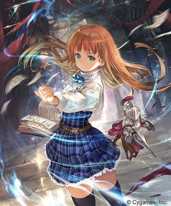 1girl blonde_hair book closed_mouth company_name copyright cowboy_shot dress floating_hair frilled_dress frills green_eyes high_collar igarashi_youhei long_hair looking_at_viewer magic official_art shadowverse shirt skirt solo standing thighhighs