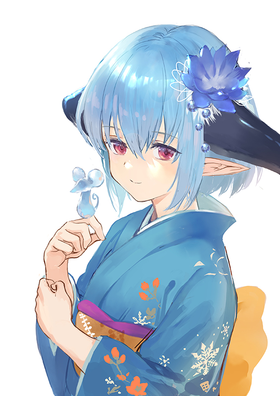 1girl bangs blue_hair closed_mouth dragon_horns flower hair_between_eyes hair_flower hair_ornament hands_up horns igarashi_youhei japanese_clothes kimono looking_at_viewer obi pointy_ears print_kimono red_eyes sash shadowverse short_hair simple_background solo upper_body white_background whitefrost_dragonewt_filene