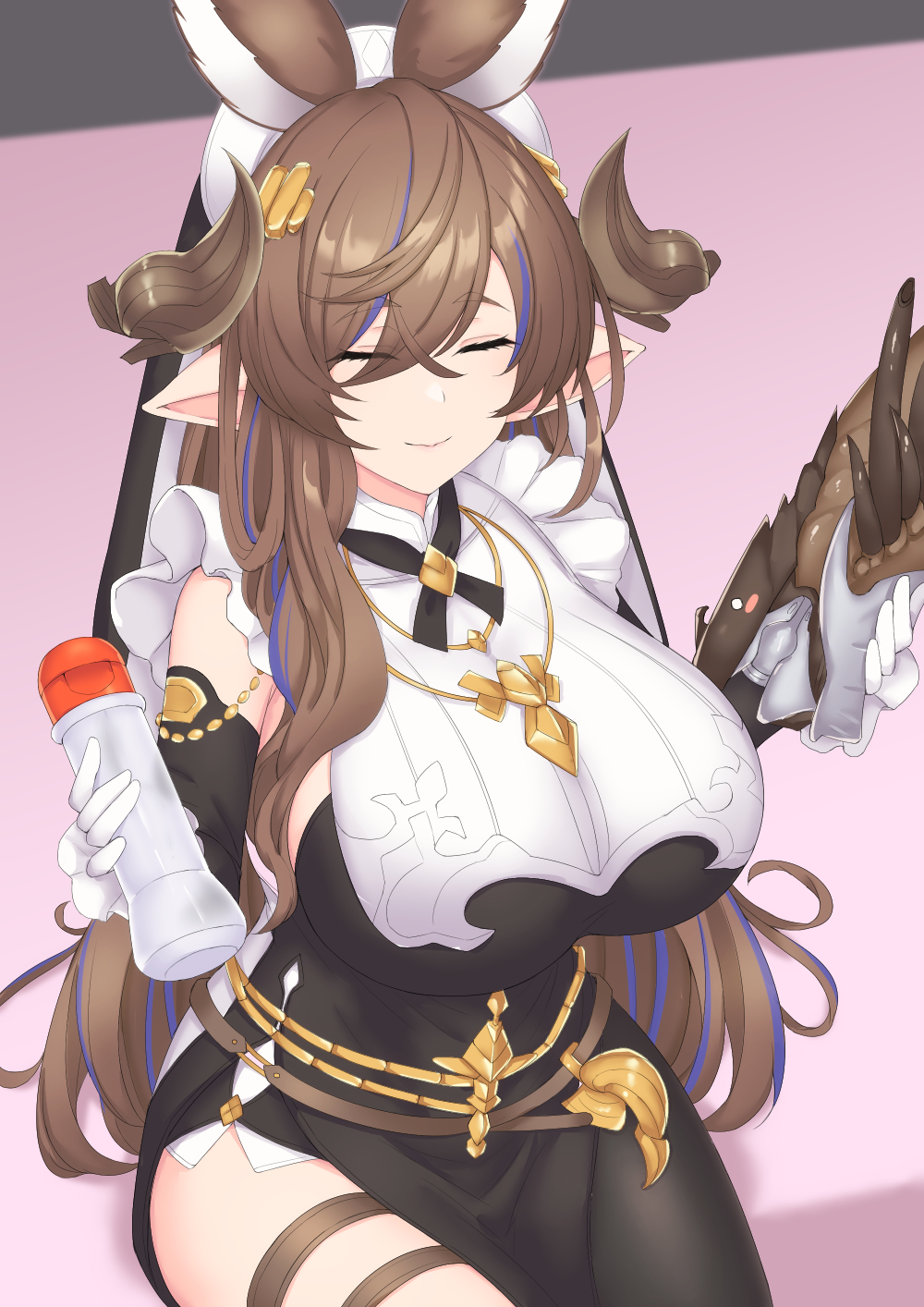 animal_ears asymmetrical_hair bangs breasts brown_hair detached_sleeves etan14 extra_ears frilled_sleeves frills galleon's_jaw galleon_(granblue_fantasy) gloves granblue_fantasy highres horns large_breasts long_hair lube multicolored_hair pointy_ears streaked_hair thigh_strap very_long_hair white_gloves