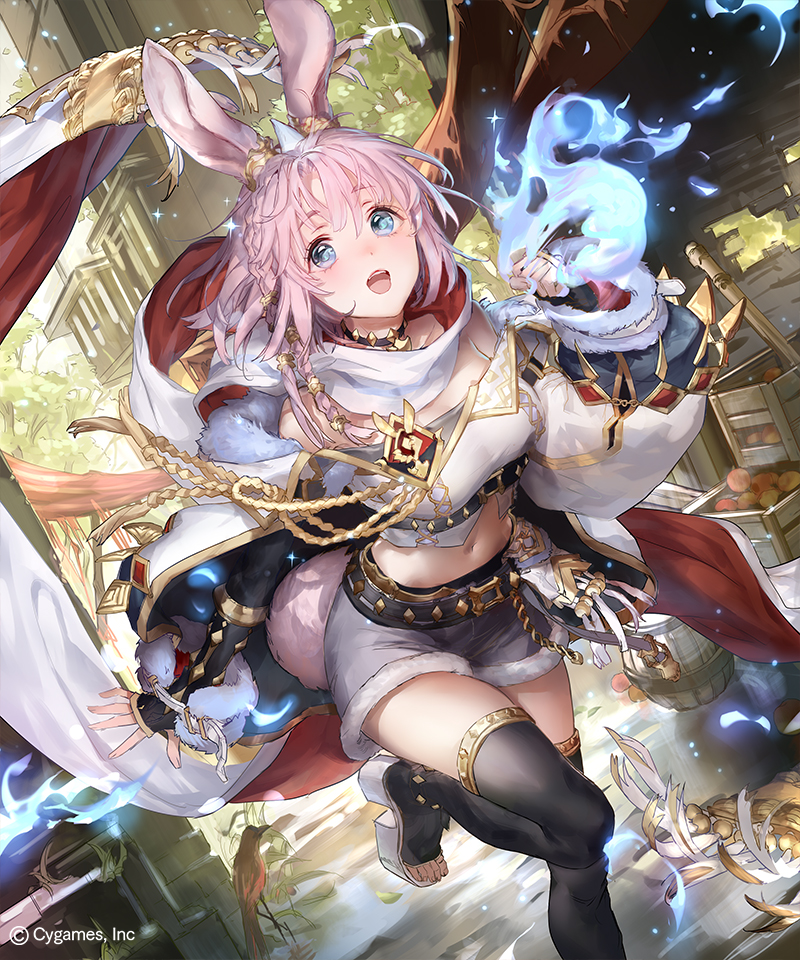 1girl animal_ears blue_eyes braid breasts character_request choker fire fur_trim leg_up liiko looking_at_viewer medium_breasts navel official_art open_mouth pink_hair shadowverse shoes shorts side_braid solo tail thighhighs