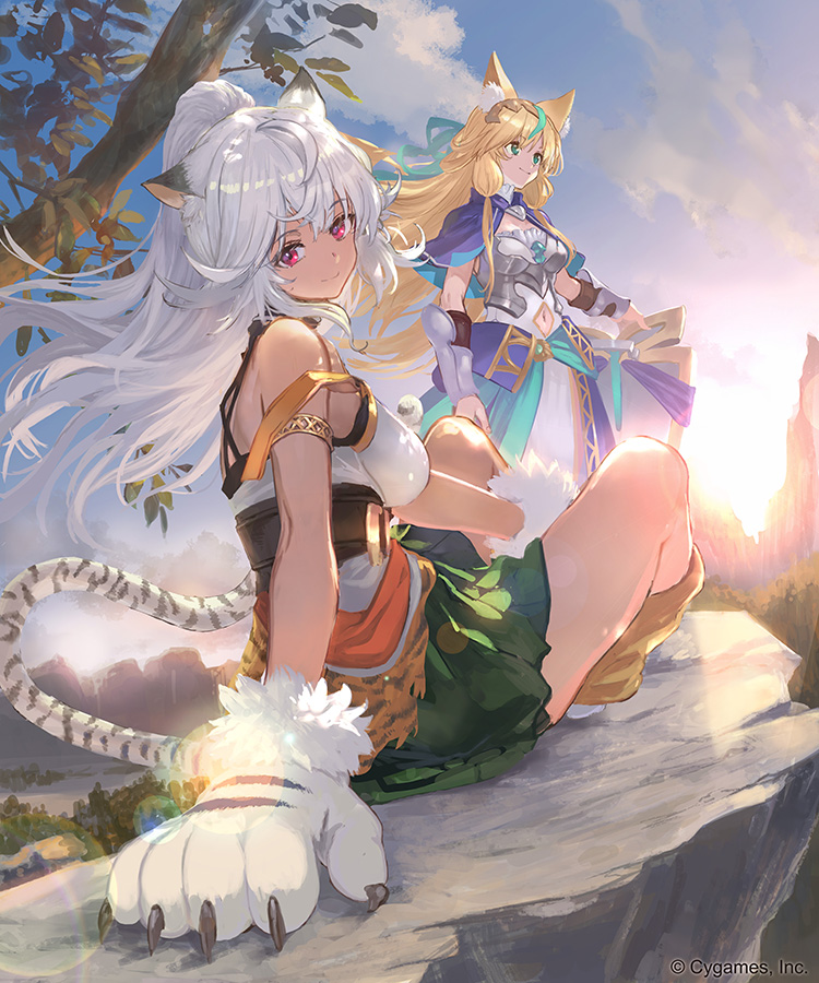 2girls ahoge animal_ears animal_hands armlet armor blonde_hair breastplate breasts capelet character_request closed_mouth clothing_cutout dress floating_hair fur_trim gloves green_eyes igarashi_youhei indian_style knees_up ladica_(shadowverse) long_hair looking_at_viewer medium_breasts mistolina_(shadowverse) multicolored_hair multiple_girls navel navel_cutout official_art paw_gloves purple_eyes shadowverse shield sitting skirt smile streaked_hair sun sunlight tail white_hair