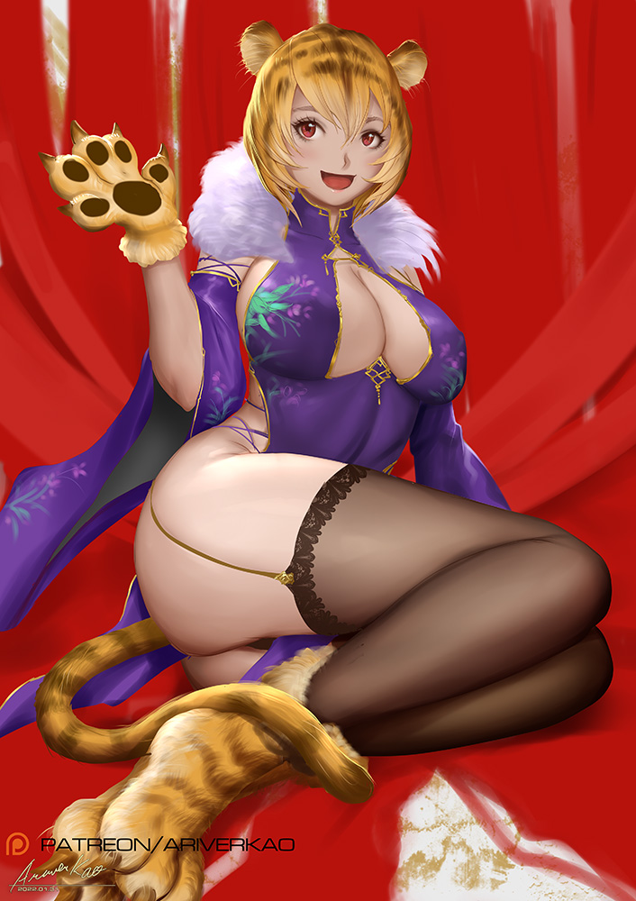 1girl animal_ears animal_hands ariverkao black_legwear blonde_hair breasts china_dress chinese_clothes cleavage_cutout clothing_cutout dated detached_sleeves dress garter_straps gloves hair_between_eyes huge_breasts looking_at_viewer open_mouth original patreon_logo paw_gloves paw_shoes pelvic_curtain red_eyes short_hair signature sitting solo tail thighhighs tiger_ears tiger_tail