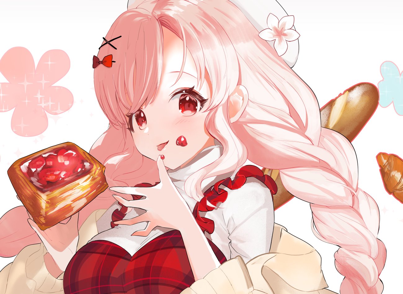 1girl baguette bangs beret braid bread breasts commission croissant dress food food_on_face hat jam long_hair medium_breasts mizushirazu nini_yuuna pink_hair plaid plaid_dress red_dress skeb_commission smile solo sweater tongue tongue_out tsunderia twin_braids virtual_youtuber white_headwear white_sweater