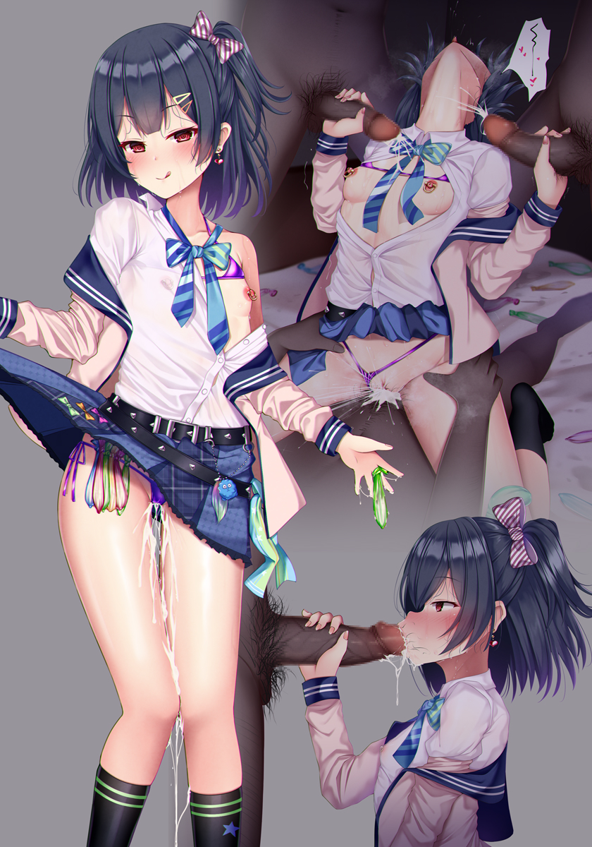 1girl 3boys bangs bow bowtie cardigan censored clothes_lift clothing_aside collared_shirt condom condom_belt corruption cowgirl_position cum double_handjob earrings ejaculation fellatio female_ejaculation female_orgasm from_side girl_on_top hair_bow handjob head_back highres idolmaster idolmaster_shiny_colors jewelry licking_lips lifted_by_self looking_at_viewer male_pubic_hair morino_rinze mosaic_censoring multiple_boys multiple_views nipple_piercing oral orgasm overflow panties panties_aside penis piercing pubic_hair puririn pussy_juice red_eyes sex shirt short_hair side-tie_panties skirt skirt_lift standing straddling tongue tongue_out underwear used_condom vaginal