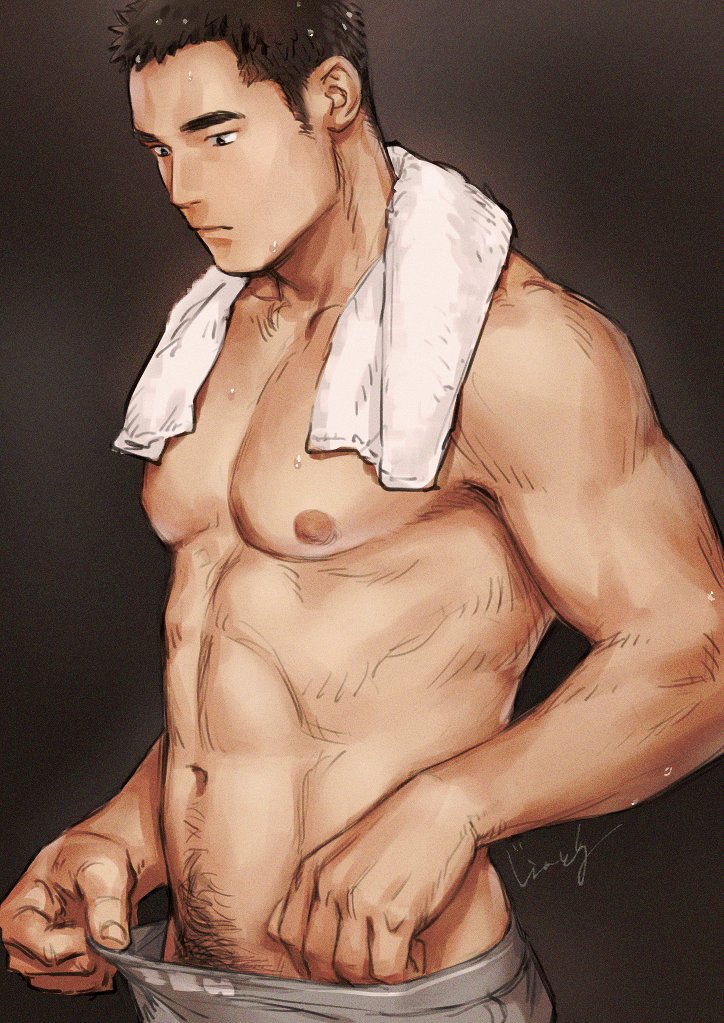 1boy abs bara gentle2nd large_pectorals male_focus male_pubic_hair mature_male muscular muscular_male navel nipples original pectorals pubic_hair short_hair solo stomach topless topless_male towel towel_around_neck underwear