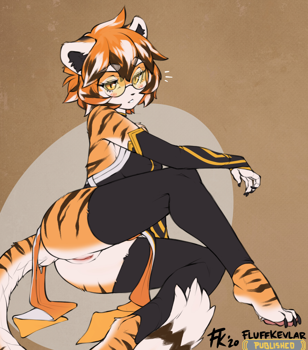 2020 anthro armwear blush clothing conditional_dnp eyewear felid female fluff-kevlar genitals glasses legwear mammal pantherine pussy simple_background solo stripes tiger