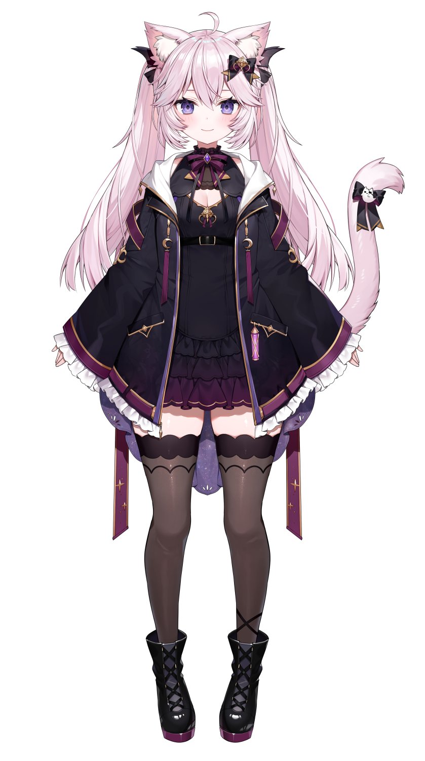 1girl animal_ear_fluff animal_ears banned_artist black_bow black_dress black_footwear black_jacket black_legwear boots bow breasts cat_ears cat_girl cleavage dress hair_bow highres jacket long_hair medium_breasts muryotaro nyatasha_nyanners official_art pink_hair purple_eyes sleeves_past_fingers sleeves_past_wrists smile solo tail tail_bow tail_ornament thighhighs twintails virtual_youtuber vshojo white_background zettai_ryouiki