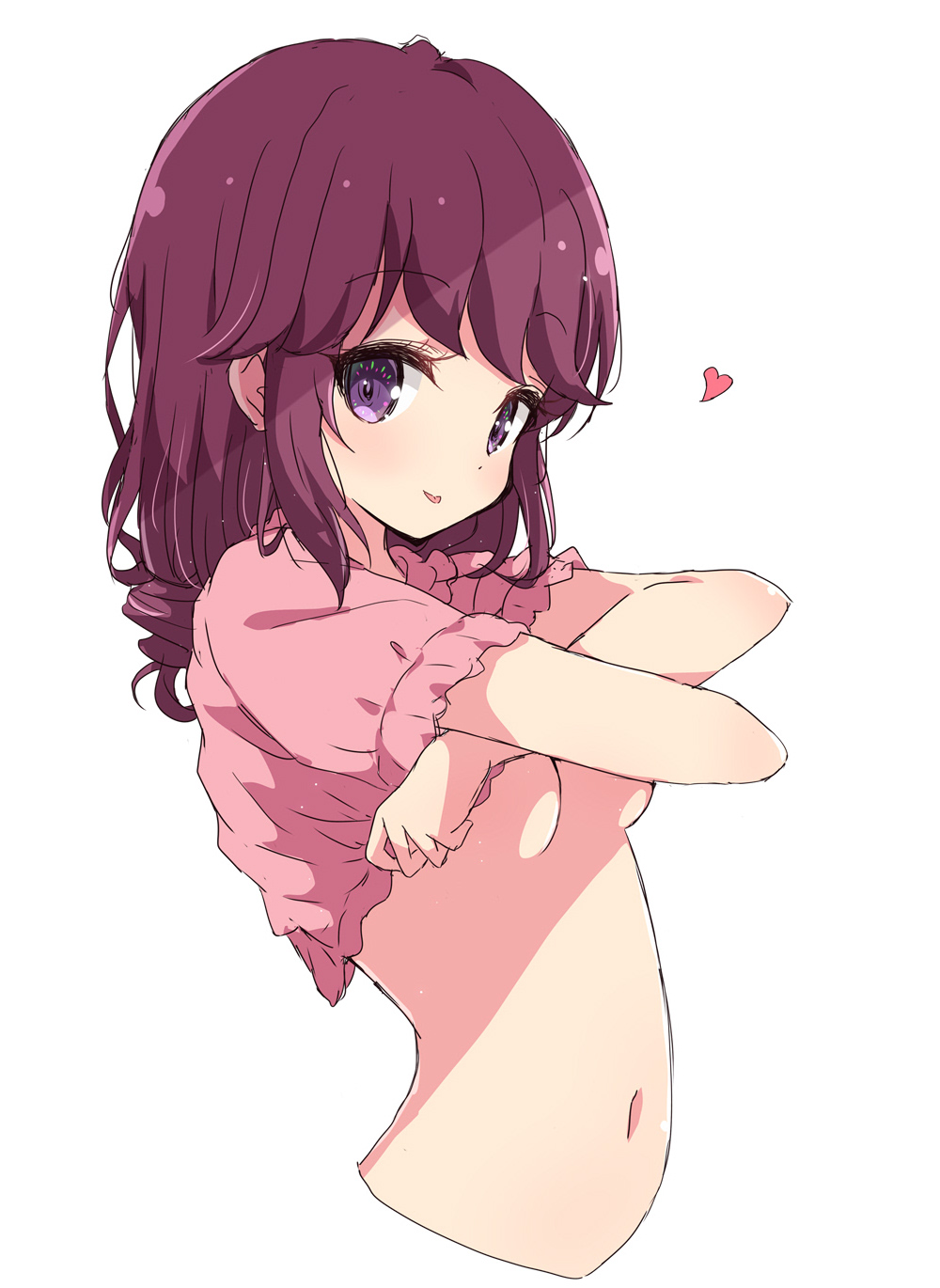 1girl blush breasts brown_hair closed_mouth cropped_torso eyebrows_visible_through_hair heart highres long_hair looking_at_viewer machikado_mazoku medium_breasts mel_(melty_pot) navel purple_eyes short_sleeves simple_background smile solo tongue tongue_out undressing upper_body white_background yoshida_ryouko