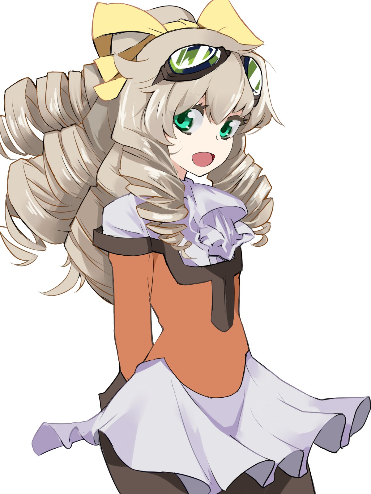 1girl blaze_(artist) bow dress drill_hair goggles goggles_on_head green_eyes grey_hair hair_bow highres long_hair looking_at_viewer maria_balthasar open_mouth pantyhose simple_background skirt smile solo white_background xenogears yellow_bow