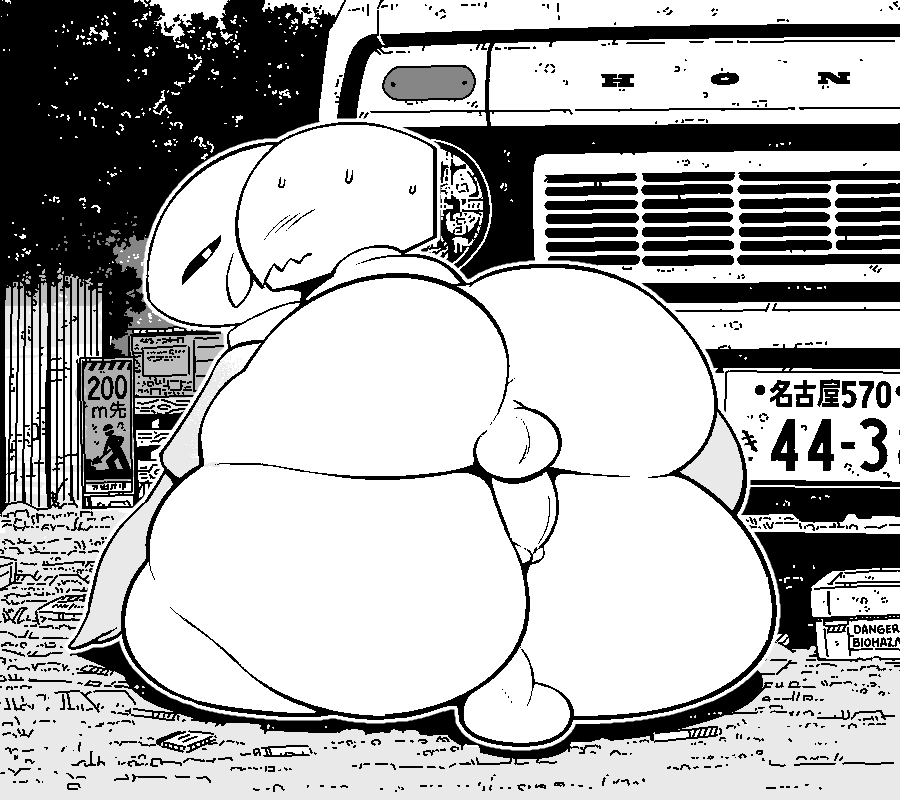 anthro balls beri_(sqoon) big_butt blush blush_lines bodily_fluids butt car duo genitals huge_butt humanoid male male/male outside penis penis_on_butt puwa sailewder sqoon sweat vehicle