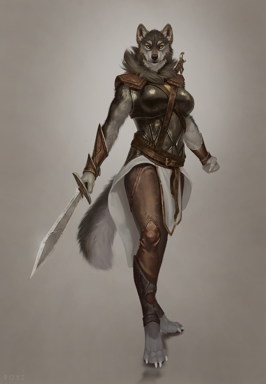 anthro armor canid canine canis conditional_dnp domestic_dog fantasy female hi_res latex_(artist) mammal melee_weapon solo sword warrior weapon wolf