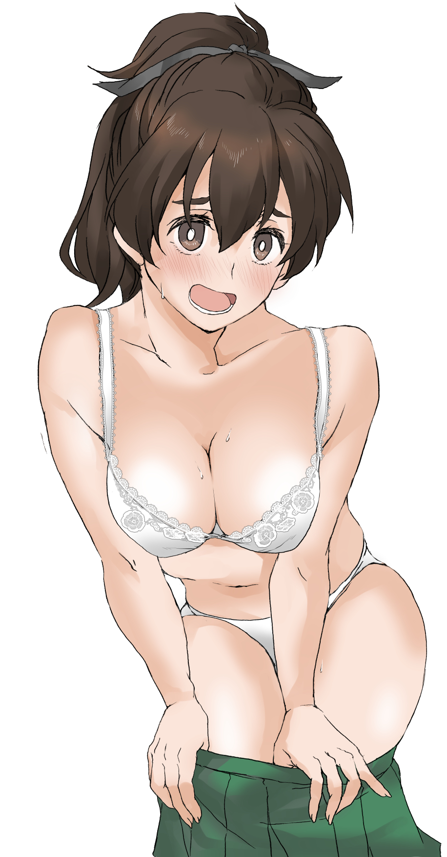 1girl bangs black_ribbon blush bra breasts bright_pupils brown_eyes brown_hair cleavage clothes_pull commentary elf_(stroll_in_the_woods) embarrassed frown girls_und_panzer green_skirt hair_ribbon highres koyama_yuzu looking_at_viewer medium_breasts medium_hair navel no_shirt open_mouth panties pleated_skirt pulled_by_self ribbon short_ponytail simple_background skindentation skirt skirt_pull solo standing sweat textless underwear undressing white_background white_bra white_panties white_pupils