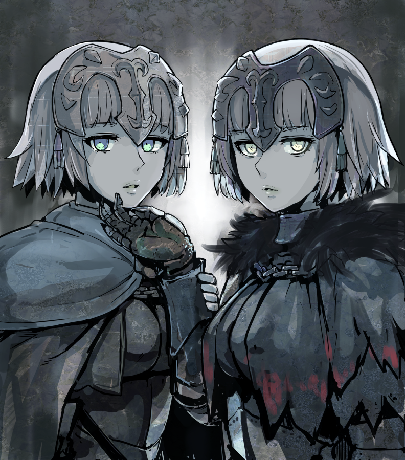 2girls blue_eyes capelet chain dual_persona fate/apocrypha fate/grand_order fate_(series) fur_collar gauntlets green_eyes grey_hair headpiece jeanne_d'arc_(alter)_(fate) jeanne_d'arc_(fate) jeanne_d'arc_(fate/apocrypha) looking_at_viewer medium_hair multiple_girls pale_color spot_color yuugiri