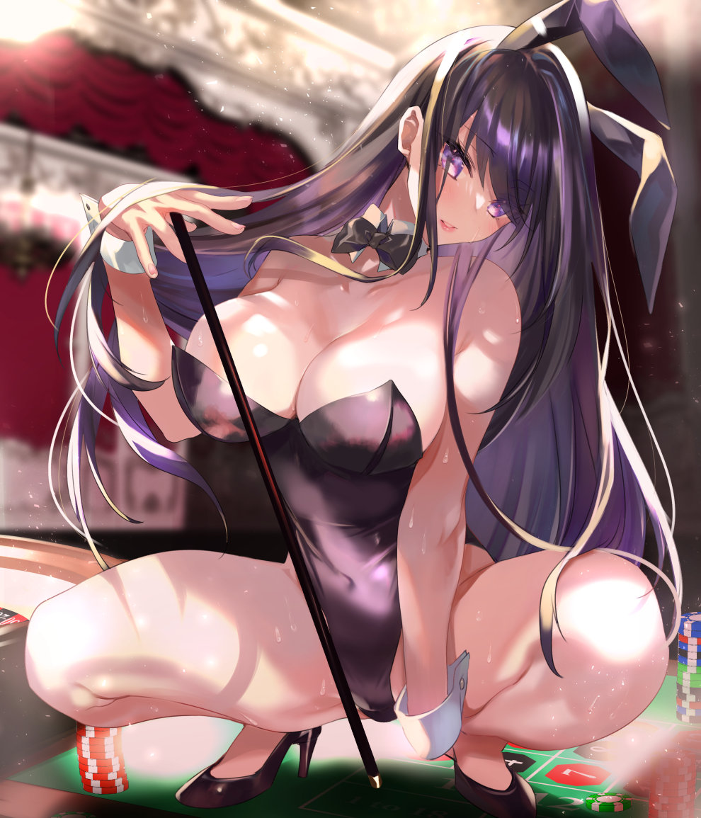 1girl animal_ears black_leotard breasts clothes_lift commentary_request detached_collar fake_animal_ears gambling kumatora_tatsumi large_breasts leotard long_hair looking_at_viewer navel original playboy_bunny purple_eyes rabbit_ears removing_shoes squatting strapless strapless_leotard sweat