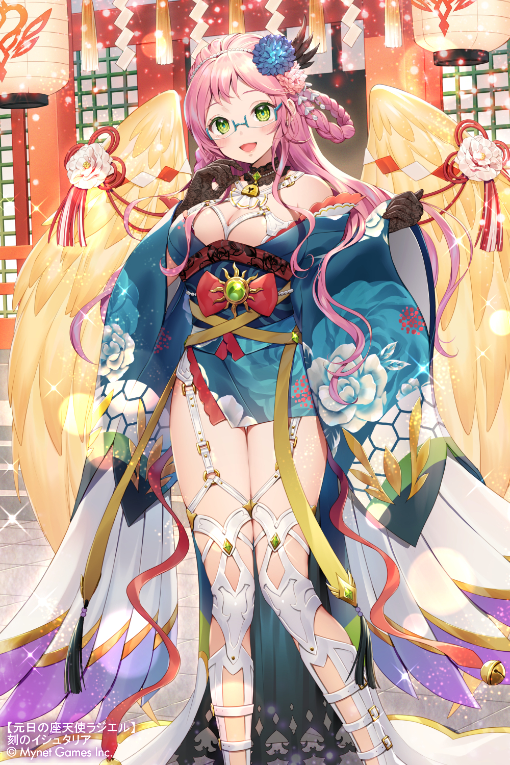 1girl age_of_ishtaria braid character_request company_name copyright feet_out_of_frame flower garter_straps glasses green_eyes hair_flower hair_ornament hair_rings hands_up highres japanese_clothes kimono lantern long_sleeves momoshiki_tsubaki official_art open_mouth paper_lantern pink_hair smile solo standing thighhighs wide_sleeves