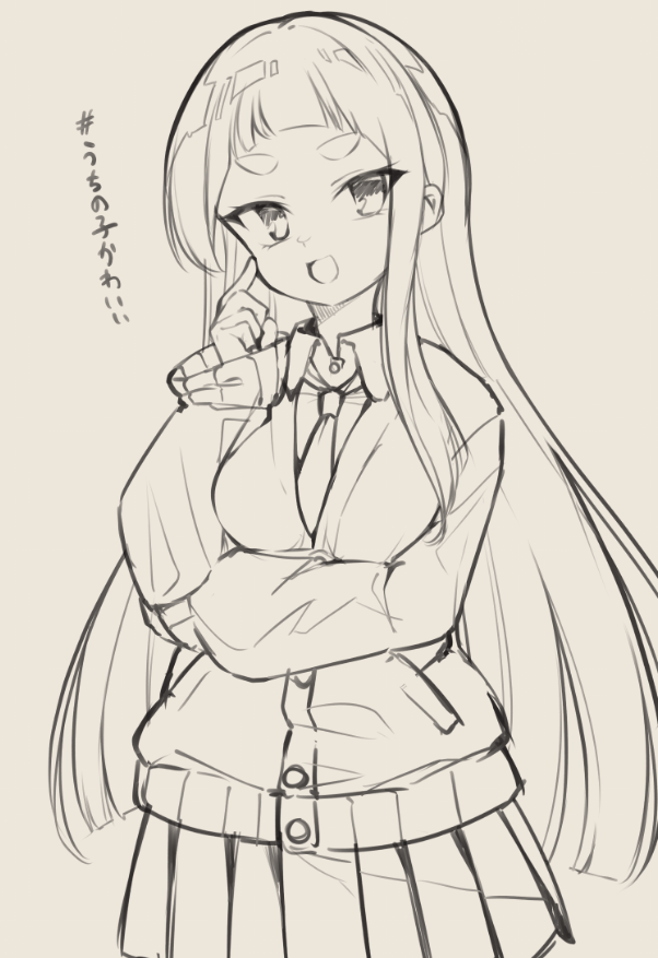 1girl :d bangs cardigan collared_shirt commentary_request grey_background greyscale kuranami_shiki long_hair long_sleeves looking_at_viewer monochrome natsuki_teru necktie original pleated_skirt shirt short_eyebrows simple_background skirt sleeves_past_wrists smile solo thick_eyebrows translation_request very_long_hair
