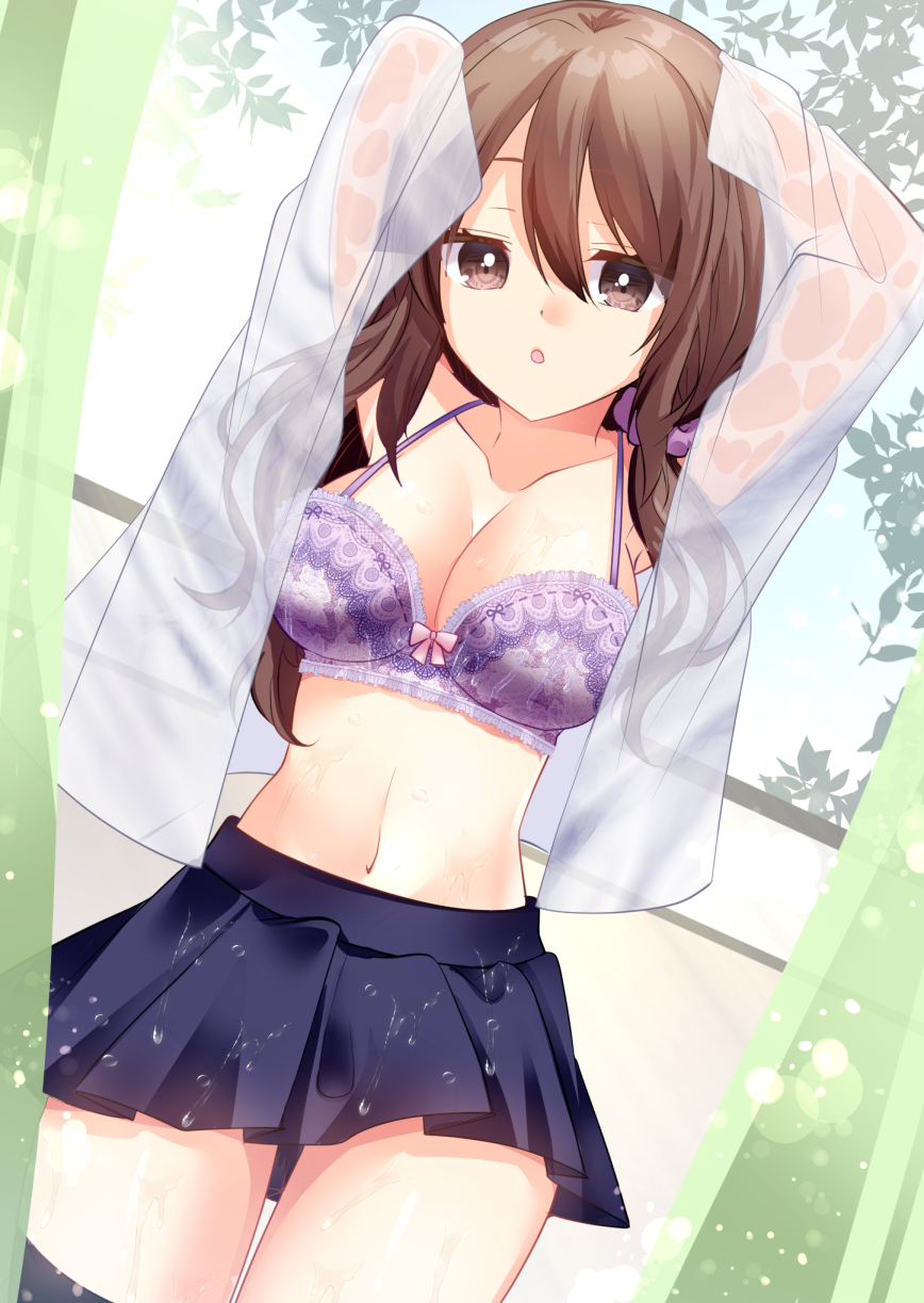 1girl :o arms_behind_head arms_up bangs black_legwear black_skirt bow bow_bra bra breasts brown_eyes brown_hair cleavage collarbone commentary_request curtains dutch_angle hair_between_eyes hair_ornament hair_scrunchie highres long_hair medium_breasts misaki_(misaki86) navel open_clothes open_shirt original parted_lips pleated_skirt purple_bra purple_scrunchie scrunchie see-through shirt skirt solo thighhighs underwear very_long_hair wet wet_clothes wet_shirt window