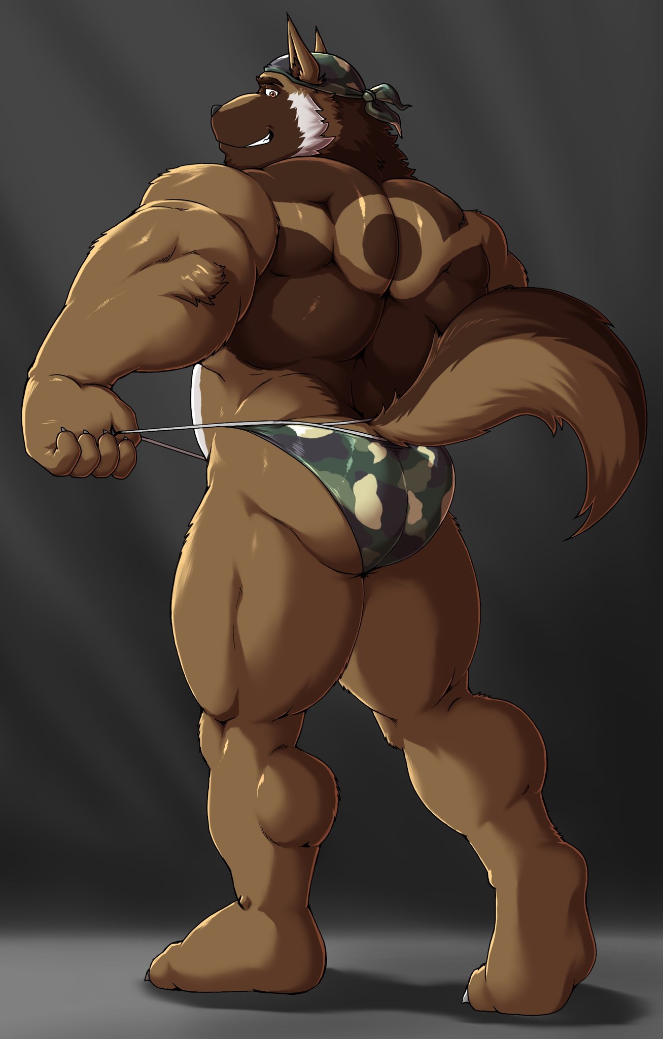 2019 5_fingers anthro back_muscles bandanna big_muscles black_nose blitzer_(daltenigma) brown_body brown_fur camo canid canine canis claws clothing domestic_dog fingers fur german_shepherd gojho grin herding_dog hi_res humanoid_hands kerchief male mammal muscular muscular_anthro muscular_male pastoral_dog smile solo standing underwear white_body white_claws white_fur yellow_eyes