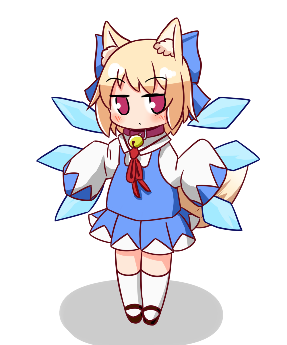 1girl animal_ear_fluff animal_ears bangs bell black_footwear blue_bow blue_skirt blue_vest bow cirno cirno_(cosplay) closed_mouth collar cosplay detached_wings dot_mouth eyebrows_visible_through_hair fox_ears fox_girl fox_tail full_body hair_bow highres jitome kemomimi-chan_(naga_u) lbcirno9 light_brown_hair long_sleeves mary_janes medium_hair neck_bell neck_ribbon no_nose pleated_skirt purple_collar purple_eyes red_ribbon ribbon shadow shirt shoes simple_background skirt sleeves_past_fingers sleeves_past_wrists tail touhou vest white_background white_legwear white_shirt wings