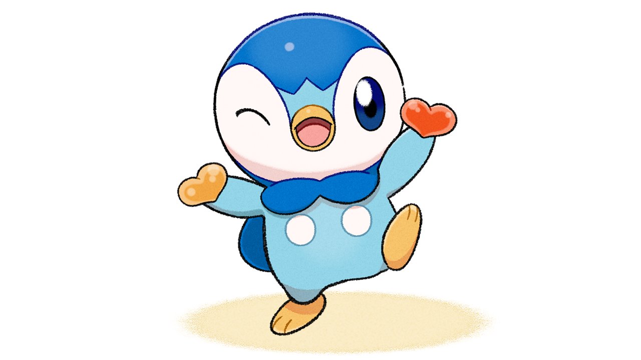 ;d blue_eyes commentary_request full_body holding leg_up no_humans official_art one_eye_closed open_mouth piplup pokemon pokemon_(creature) project_pochama smile solo standing standing_on_one_leg toes tongue white_background