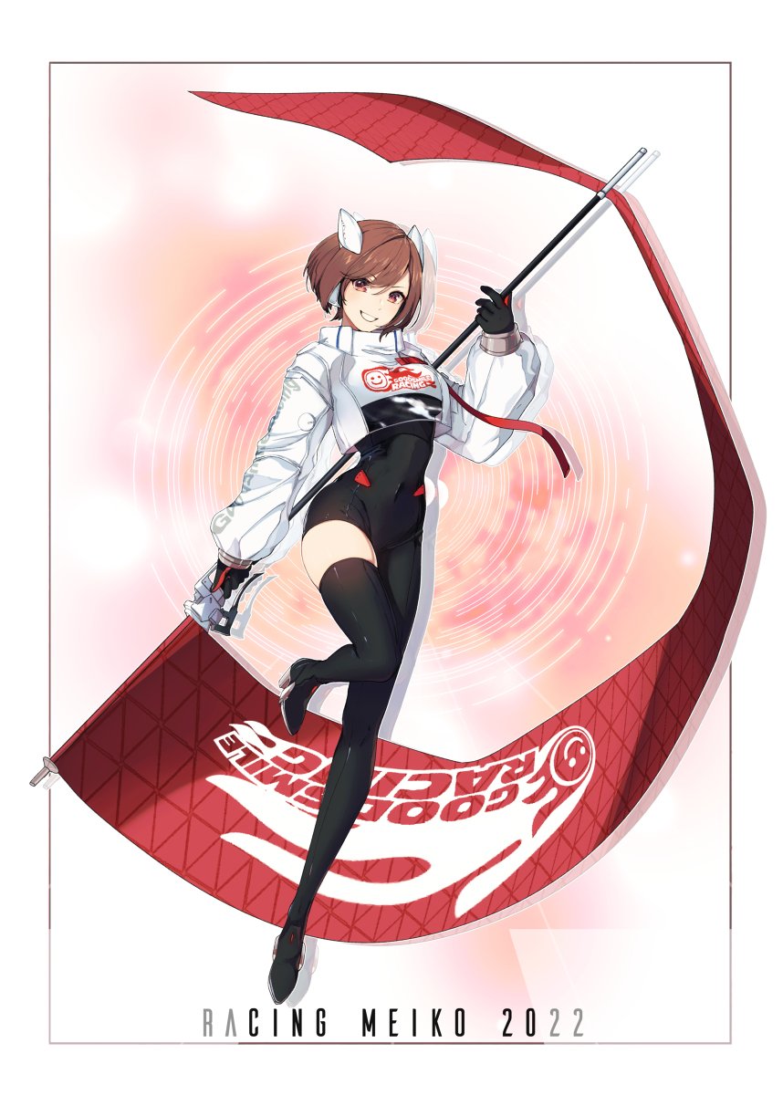 1girl brown_eyes brown_hair flag gloves goodsmile_racing headgear highres leg_up long_sleeves meiko race_queen short_hair single_thighhigh smile solo thighhighs vocaloid yen-mi