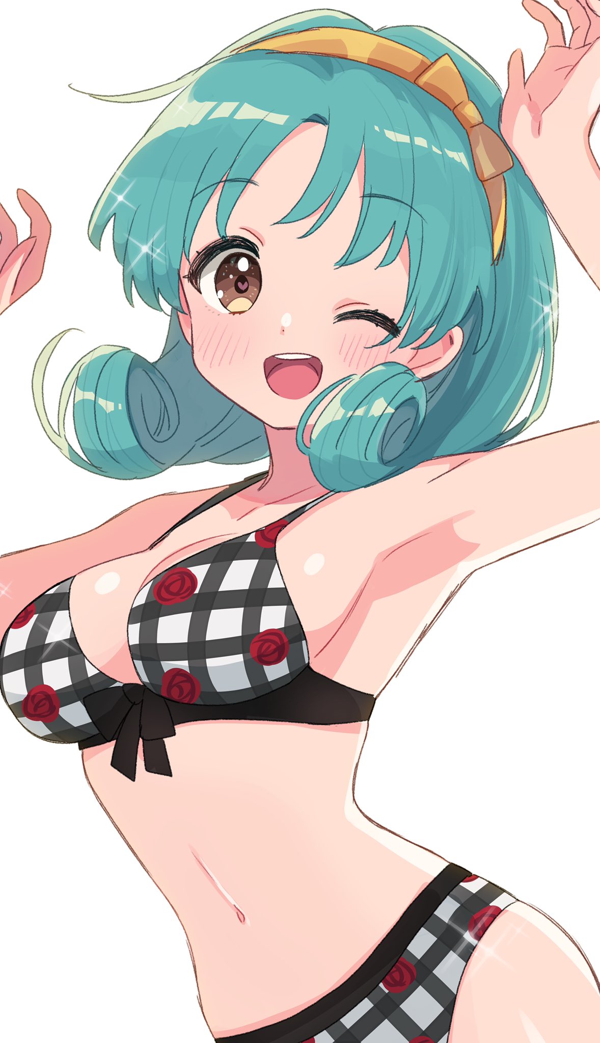 1girl armpits arms_up bangs bare_shoulders bikini breasts brown_eyes commentary flipped_hair green_hair hairband heart heart-shaped_pupils highres idolmaster idolmaster_shiny_colors light_blush looking_at_viewer medium_breasts medium_hair navel one_eye_closed open_mouth parted_bangs round_teeth saito_katuo shiny shiny_hair shiny_skin simple_background solo sparkle swimsuit symbol-shaped_pupils teeth tokugawa_matsuri upper_teeth