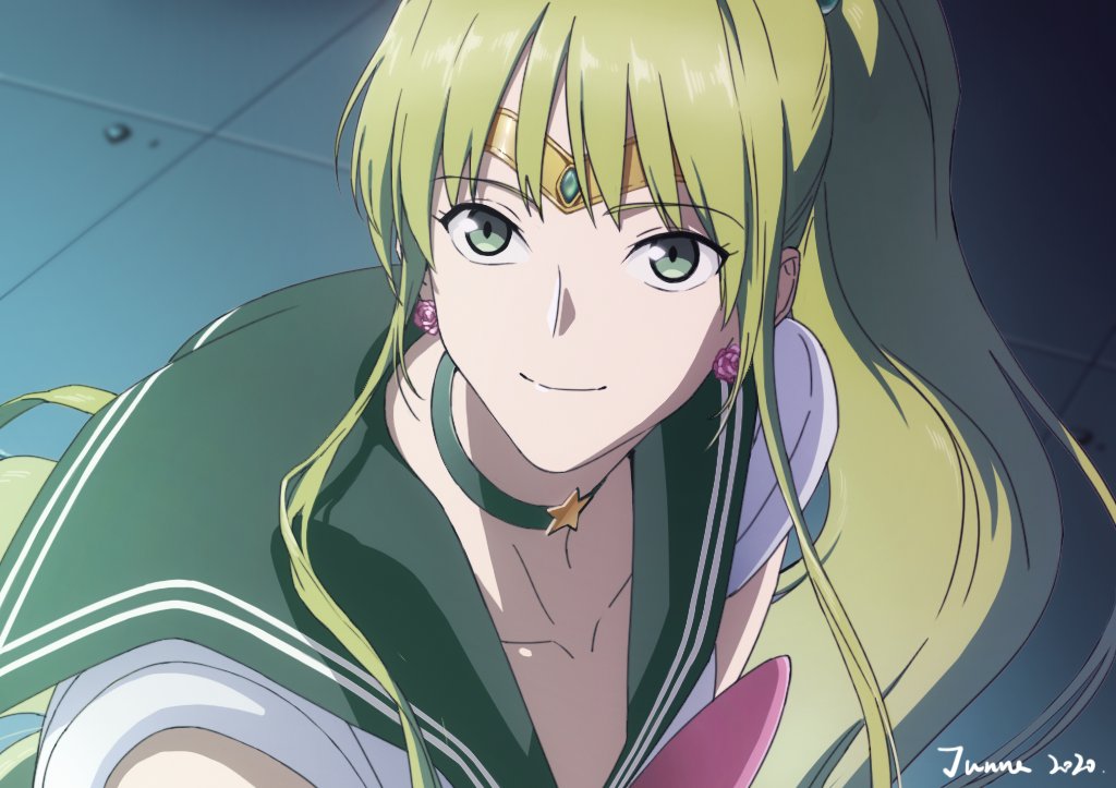1boy androgynous bangs bishoujo_senshi_sailor_moon closed_mouth commentary cosplay earrings enkidu_(fate) eyebrows_visible_through_hair fate/grand_order fate_(series) gelogameshen68 green_eyes green_hair jewelry long_hair looking_at_viewer male_focus meme sailor_jupiter sailor_jupiter_(cosplay) sailor_moon_redraw_challenge_(meme) sailor_senshi_uniform smile solo