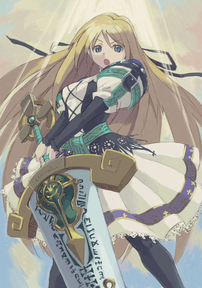 1girl black_legwear black_ribbon blonde_hair blue_eyes breasts cross-laced_clothes dress eyebrows_visible_through_hair hair_between_eyes hair_ribbon holding holding_sword holding_weapon lace-trimmed_dress lace_trim legs_apart light_rays long_hair long_sleeves open_mouth pantyhose ribbon small_breasts solo sword v-shaped_eyebrows v_arms vaison very_long_hair weapon yggdra_union yggdra_yuril_artwaltz