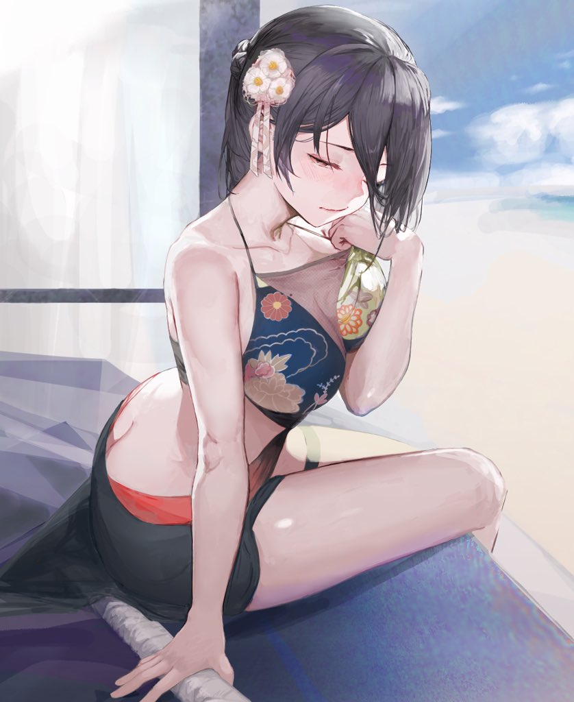 1girl alternate_costume anthsnuko ass beach bikini black_hair black_sarong blue_sky blush breasts butt_crack cleavage closed_mouth cloud cloudy_sky commentary day feet_out_of_frame floral_print flower hair_between_eyes hair_flower hair_ornament half-closed_eye hand_on_own_chin head_rest iron_saga large_breasts long_hair looking_at_viewer mismatched_bikini mole mole_on_breast oboro_(iron_saga) one_eye_closed outdoors sarong sitting sky solo string_bikini swimsuit thigh_strap thighs