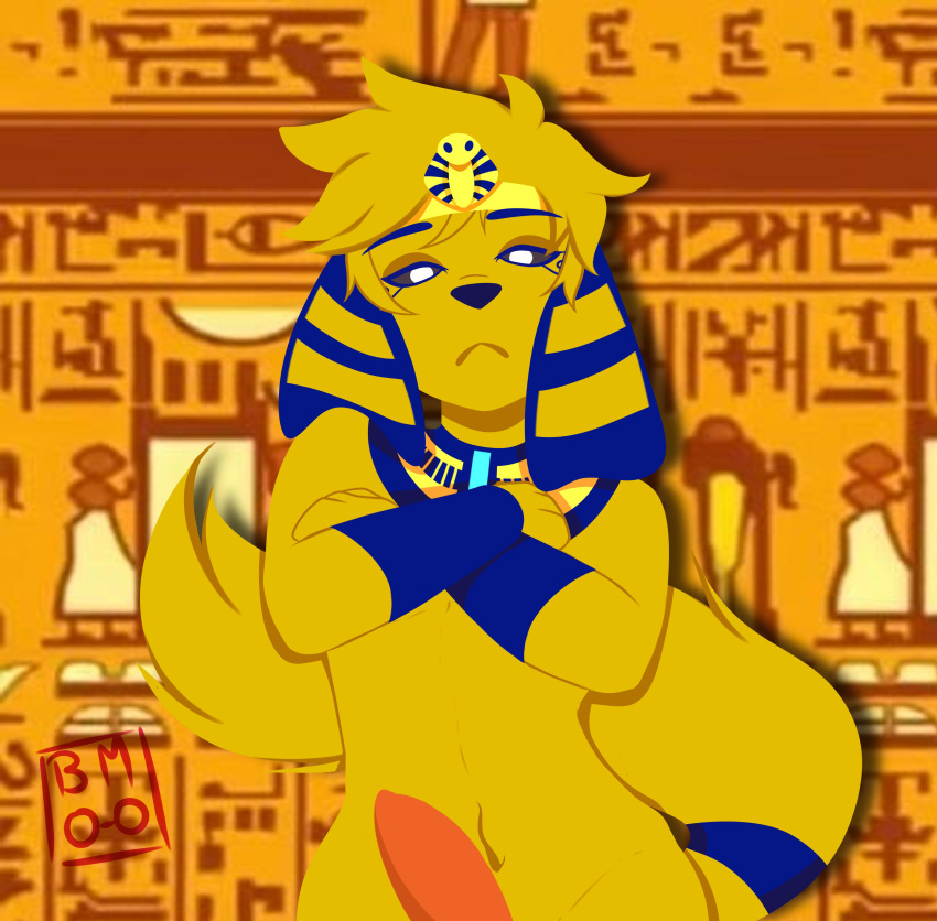 ankha_zone anthro canid canine canis domestic_dog egyptian_headdress fur humor male mammal meme solo unknown_artist yellow_body yellow_fur