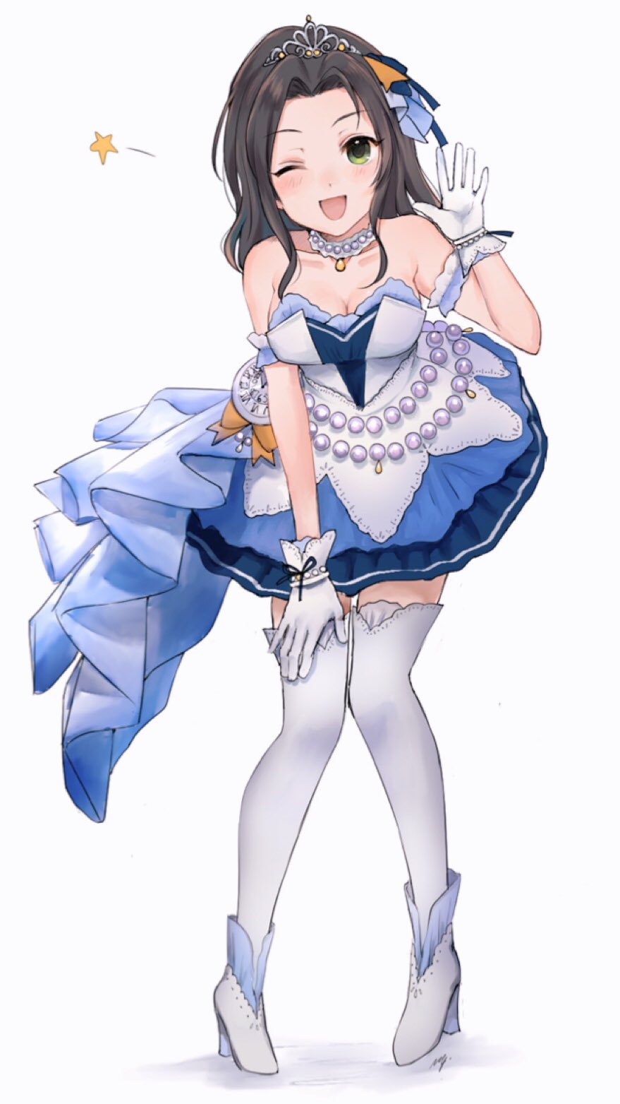 1girl ;d bare_shoulders black_hair blue_ribbon blush bracelet breasts cleavage clock collarbone dress eyebrows_visible_through_hair full_body gloves green_eyes hair_intakes hand_on_own_thigh hand_up high_heels highres idolmaster idolmaster_cinderella_girls idolmaster_cinderella_girls_starlight_stage jewelry medium_breasts medium_hair mizu_ramen necklace one_eye_closed open_mouth pearl_(gemstone) pearl_bracelet pearl_necklace pigeon-toed ribbon roman_numerals simple_background smile solo souma_natsumi standing star starry_sky_bright strapless strapless_dress thighhighs tiara white_background white_footwear white_gloves white_legwear