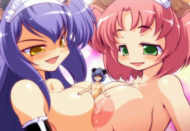 2girls animal_ears bb big_breasts blush breasts cat_cat_mistress cat_ears catgirl giantess large_breasts miniboy mouse_ears mouseboy multiple_girls nipples pink_hair smile