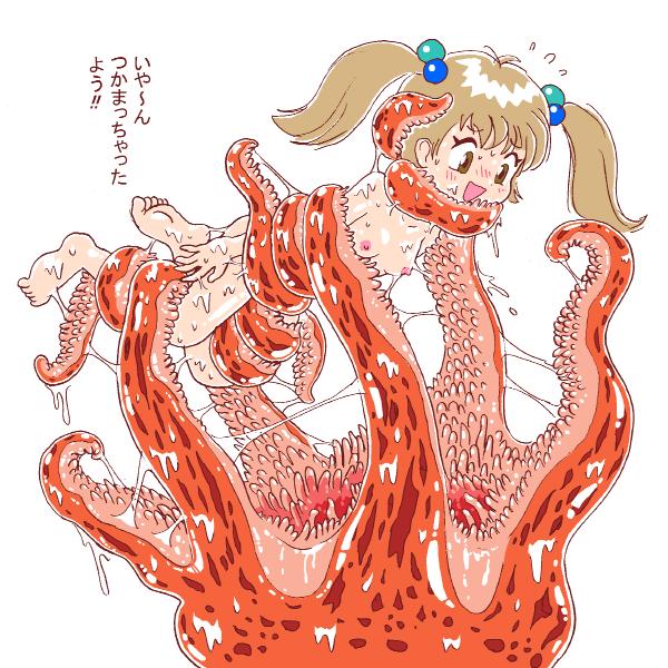 barefoot bi-nyo blush breasts consensual_tentacles consensual_vore flat_chest hair_bobbles hair_ornament medium_breasts monster nipples nude open_mouth pukao restrained simple_background slime small_breasts smile tentacle twintails vore white_background
