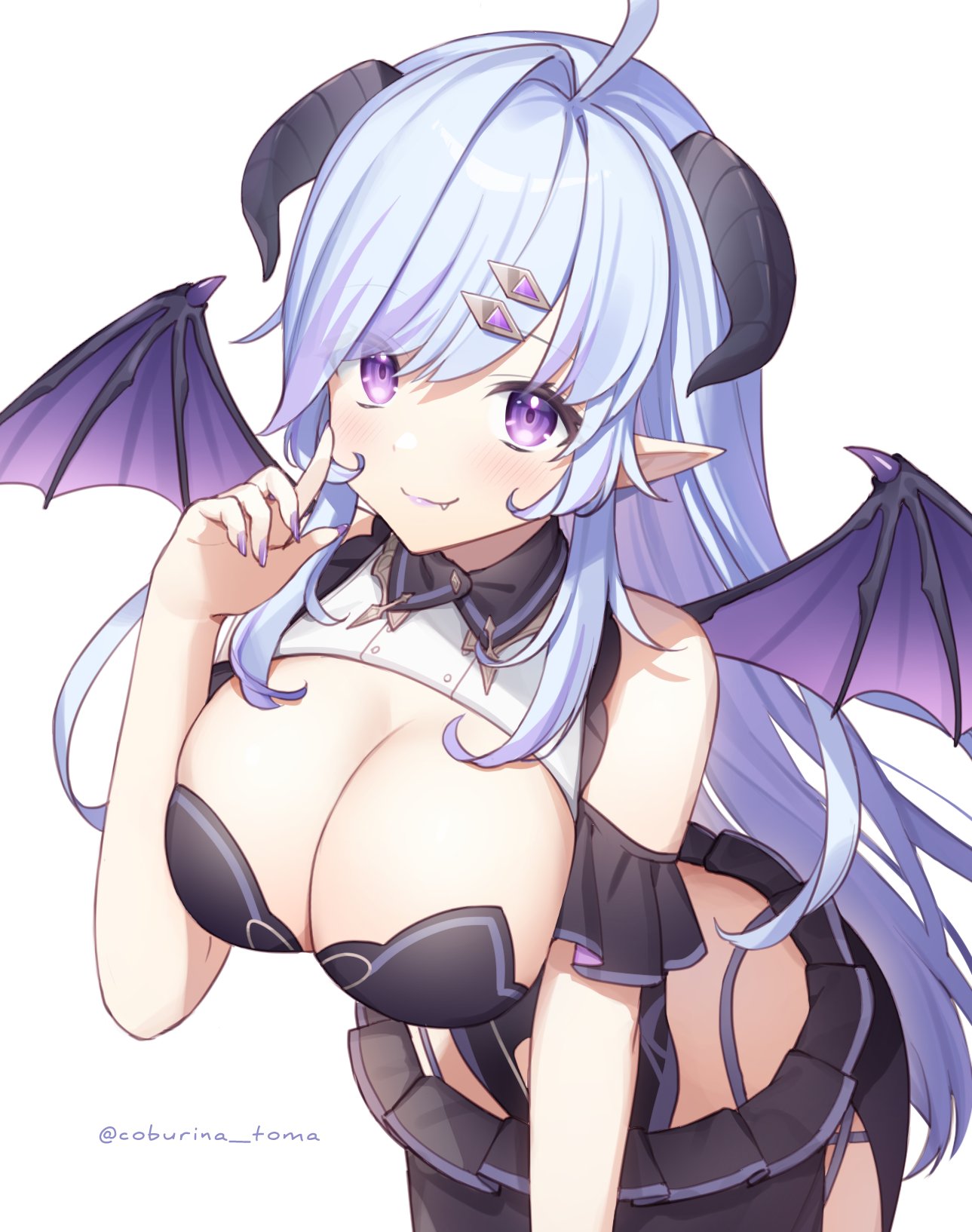 1girl ahoge bare_shoulders black_shirt black_skirt breasts cleavage clothing_cutout cowboy_shot demon_girl demon_horns demon_wings fang hair_ornament hairclip highleg highres horns indie_virtual_youtuber large_breasts leaning_forward long_hair looking_at_viewer miniskirt nail_polish pointy_ears purple_eyes revealing_clothes shirt shoulder_cutout side_slit sideless_outfit simple_background skirt smile solo toma_(norishio) very_long_hair virtual_youtuber white_background white_hair wings