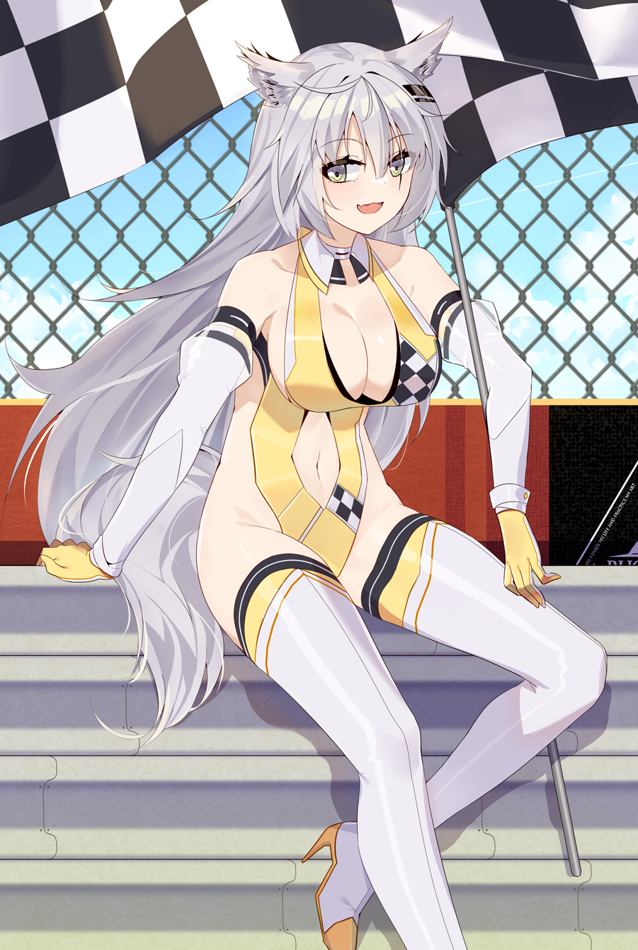 1girl animal_ear_fluff animal_ears arknights boots breasts cleavage clothing_cutout collarbone commentary_request ddt_(darktrident) detached_sleeves eyebrows_visible_through_hair fang gloves hair_ornament hairclip high_heels highres lappland_(arknights) large_breasts leotard long_hair partial_commentary race_queen scar scar_across_eye skin_fang solo stomach_cutout tail thigh_boots thighhighs white_hair white_legwear wolf_ears wolf_girl wolf_tail yellow_gloves