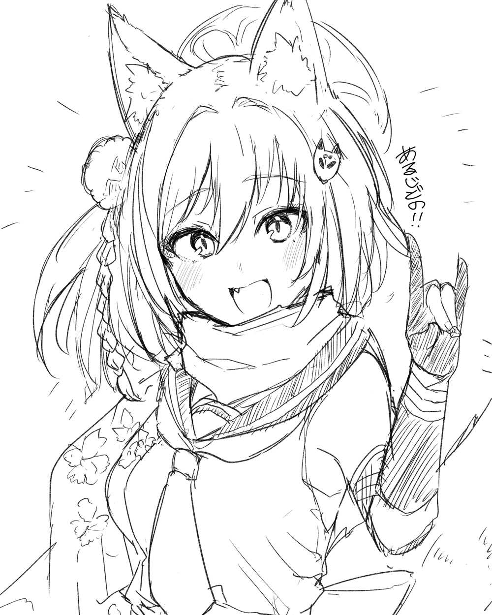 1girl :d animal_ear_fluff animal_ears bangs blue_archive blush braid breasts elbow_gloves eyebrows_visible_through_hair fang floral_print fox_ears fox_hair_ornament fox_shadow_puppet gloves greyscale hair_between_eyes halo hand_up highres izuna_(blue_archive) looking_at_viewer medium_breasts monochrome necktie nyakonro_(nekonro) partially_fingerless_gloves sailor_collar shirt simple_background sketch sleeveless sleeveless_shirt smile solo translation_request upper_body white_background