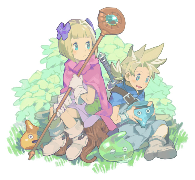 1boy 1girl blonde_hair blue_eyes blush bow brother_and_sister cape closed_mouth dragon_quest dragon_quest_v dress gloves hair_bow hero's_daughter_(dq5) hero's_son_(dq5) open_mouth sarmat short_hair siblings smile twins